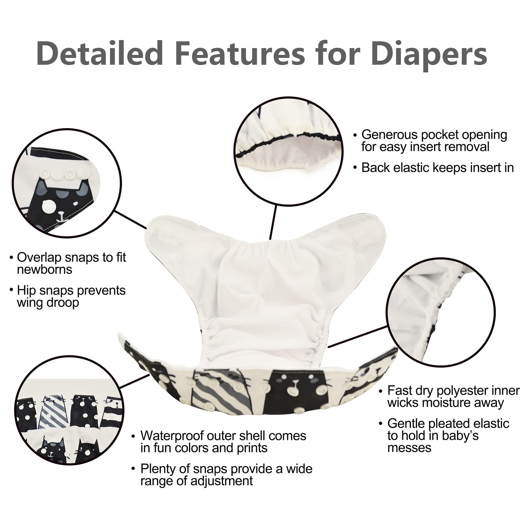 babygoal Reusable Cloth Diapers 6 Pack with 10pcs Inserts, One Size Adjustable Washable Pocket Nappy Covers for Baby Girls and Boys 6FG25
