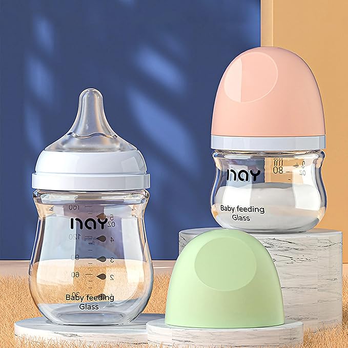 Natural Glass Baby Bottle Wide Neck, Newborn Anti-Colic Baby Bottle, Clear, 3oz(Pack of 2), Includes 2Pcs Slow Flow Nipple(SS), 0 Months+