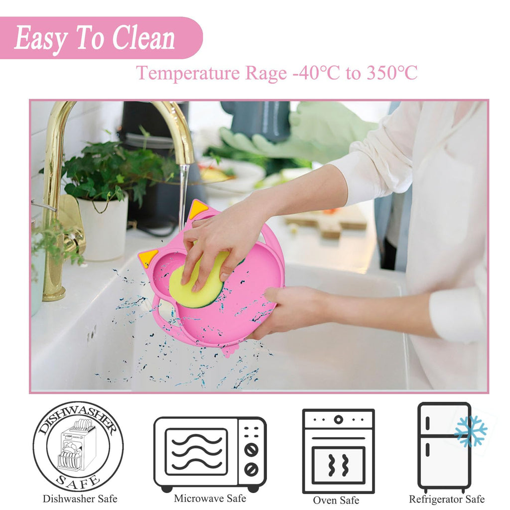 NICINGU Baby Toddler Silicone Suction Plate with Spoon&Fork And Adjustable Bib Set,Silicone Baby Feeding Utensils Set，Baby Toddler Led Weaning Supplies Set-Pink Owl Set