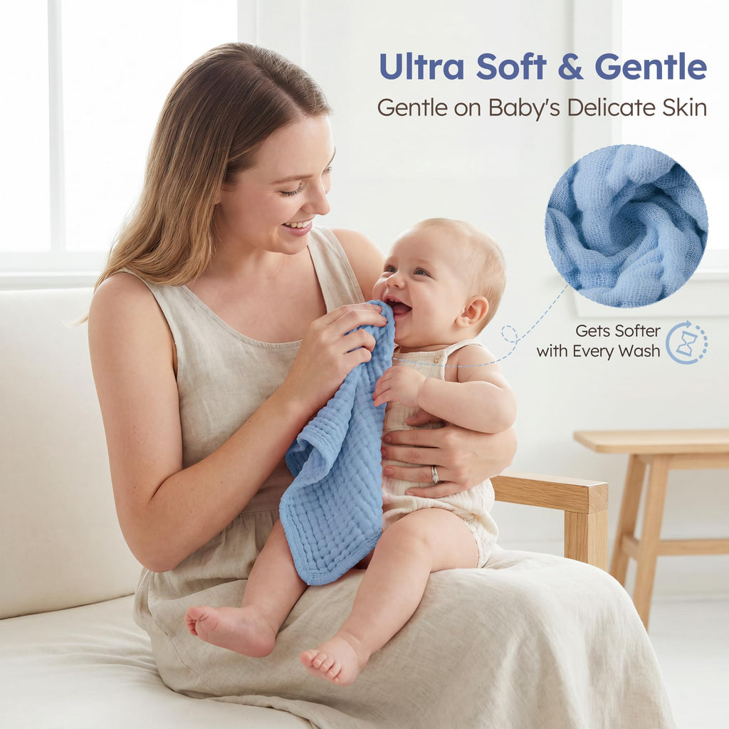 Yoofoss Muslin Burp Cloths for Baby 10 Pack 100% Cotton Baby Washcloths for Boys Girls Large 20''X10'' Super Soft and Absorbent Progressive Blue