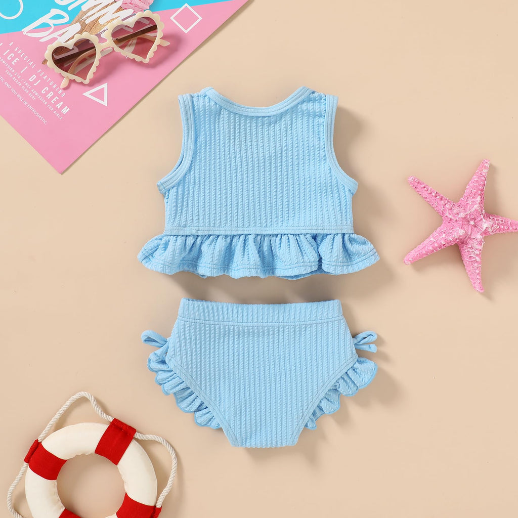 HAPPYMA Baby Swimsuit Toddler Girl Bathing Suit Summer Solid Color Bikini Set Beach Two Piece Swim Wear (Blue, 2-3T)