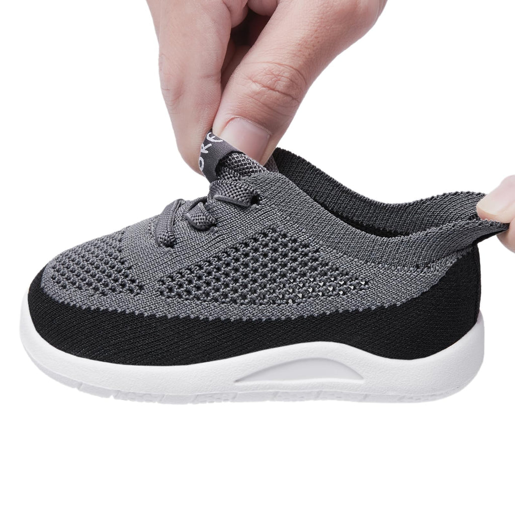 MORENDL Toddler Sneakers Baby Non-Slip Lightweight Breathable Barefoot Shoes Infant Tennis Walking Shoes Black Mesh 9-12 Months