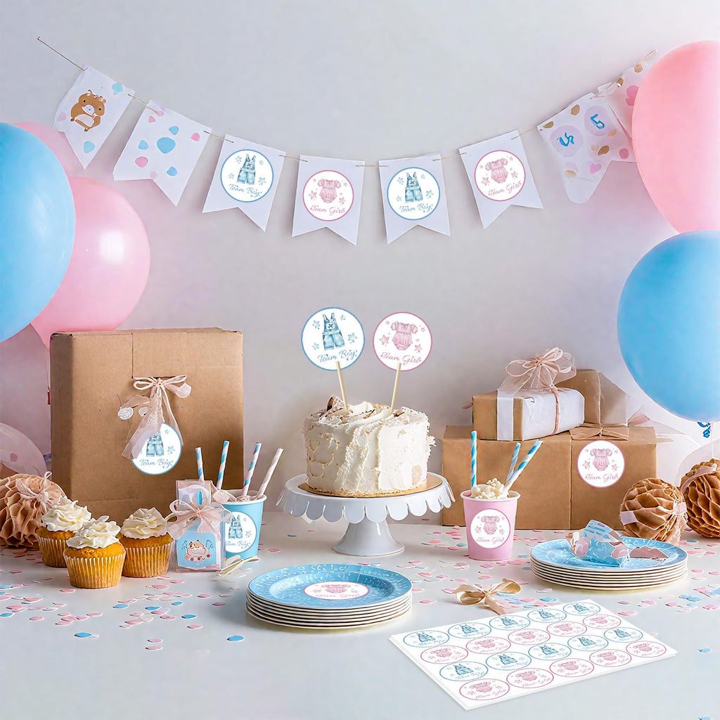80Pcs Cute Baby Clothes Decal Stickers Roll, 2 inch Team Boy Team Girl Gender Reveal Labels, Pink and Blue Self-Adhesive Decorative Round Stickers for Brithday Baby Shower Party Supplies
