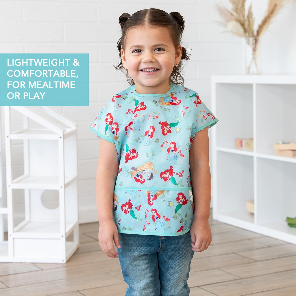 Bumkins Disney Short Sleeve Bib for Girl or Boy, Toddler and Kids for 1-3 Years, Large Size, Essential Must Have for Junior Children, Eating, Mess Saving Soft Fabric Apron for Play, Ariel