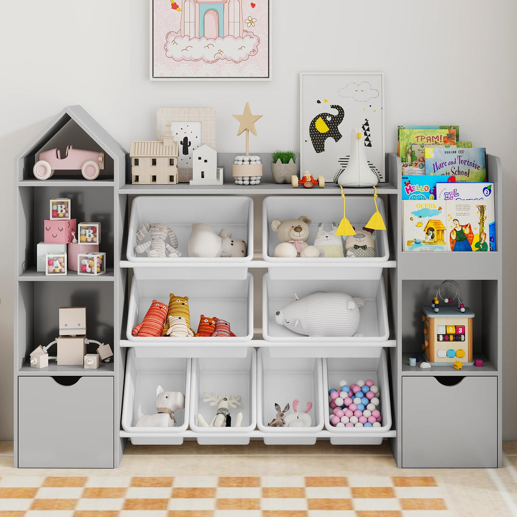 Vabches Kids Toy Organizer with 8 Removable Toy Bins, 4-Tier Toy Storage Organizers W/4 Storage Cubbies, Bookshelf 2 Toy Storage Box on Wheels for Playroom, Kids Room, Nursery Room, Grey