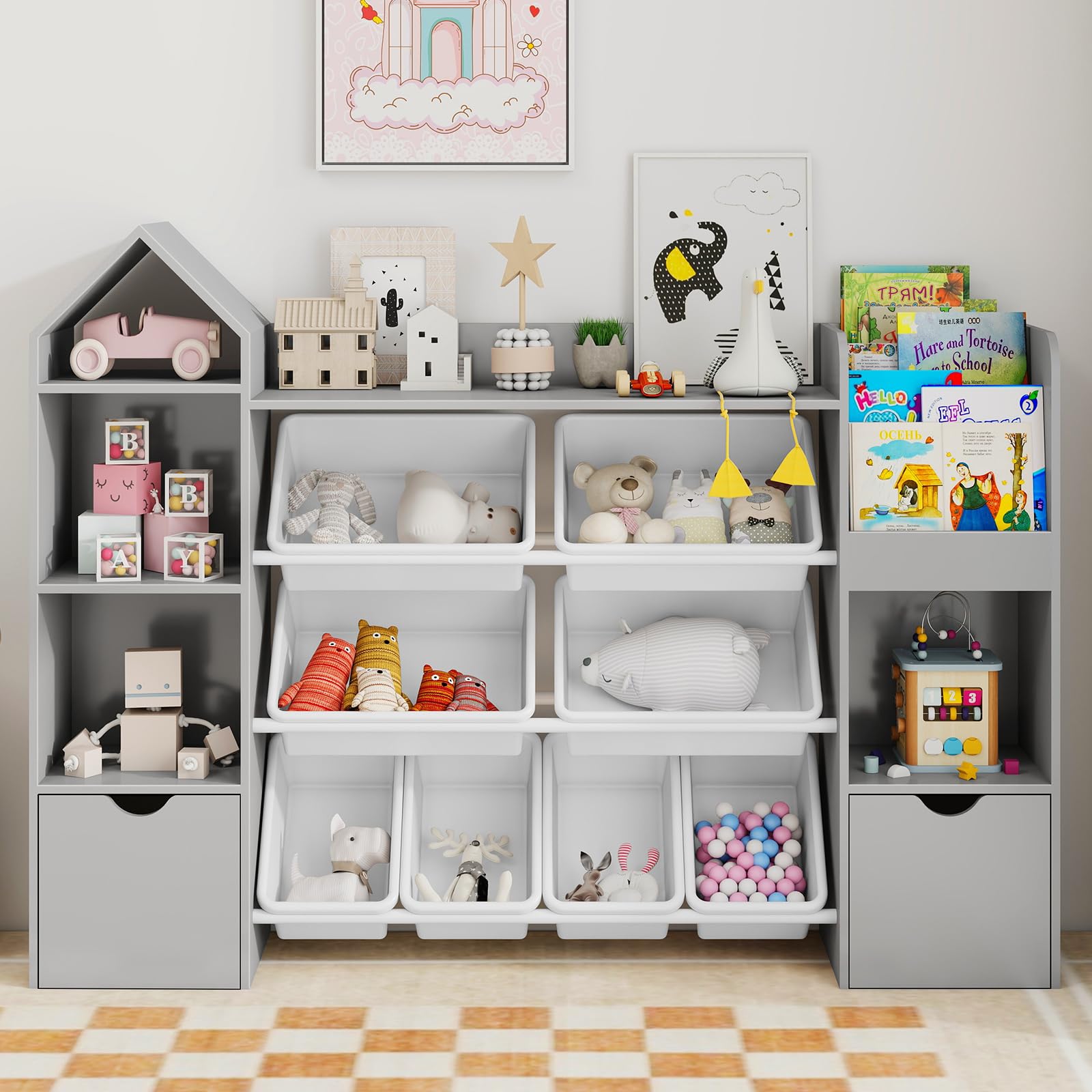 Vabches Kids Toy Organizer with 8 Removable Toy Bins, 4-Tier Toy Storage Organizers W/4 Storage Cubbies, Bookshelf 2 Toy Storage Box on Wheels for Playroom, Kids Room, Nursery Room, Grey