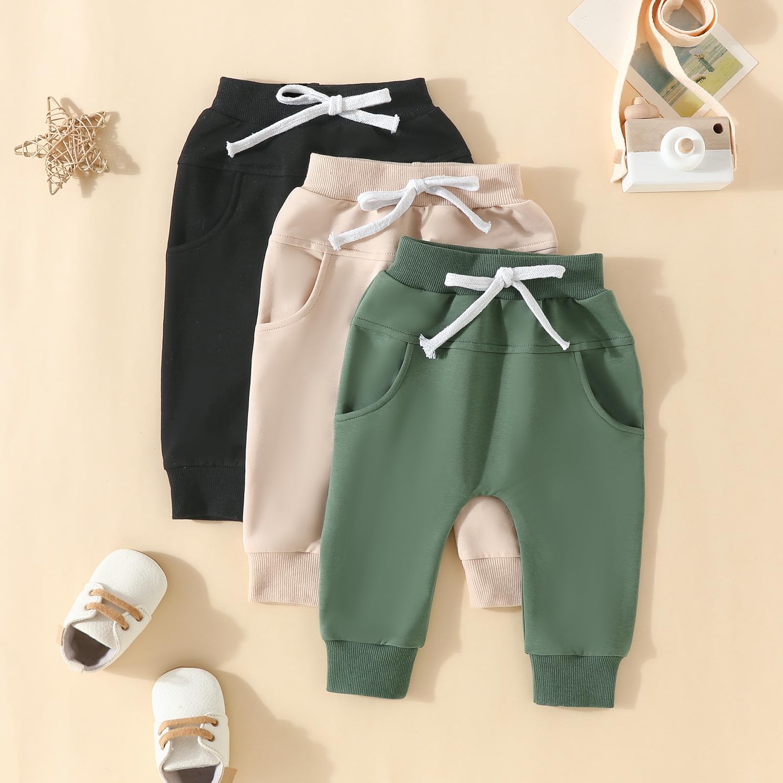 Sejardin Toddler Baby Boy Girl Pants 3 Pack Solid Color Elastic Waist Jogger Sweatpants Newborn Infant Casual Bottoms (Green Apricot Black, 18-24 Months)