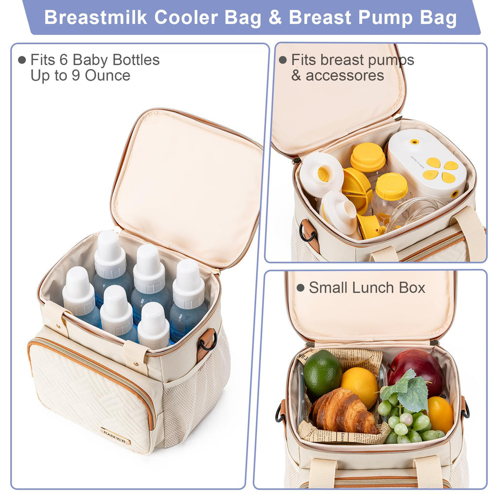 BABEYER Breastmilk Cooler Bag with Ice Pack Fits 6 Baby Bottles up to 9 Ounce, Breast Milk Pump Cooler Bag for Nursing Mom Daycare, Work, Travel-Cream