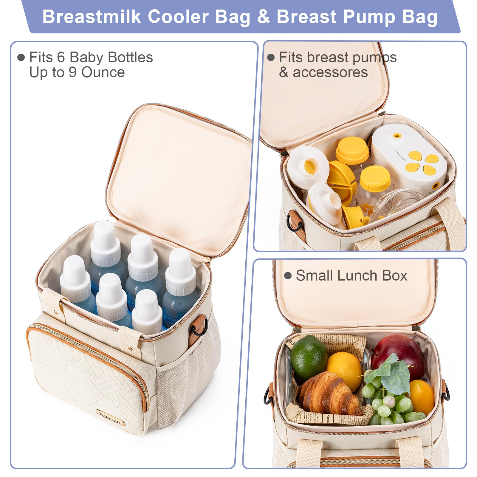 BABEYER Breastmilk Cooler Bag with Ice Pack Fits 6 Baby Bottles up to 9 Ounce, Breast Milk Pump Cooler Bag for Nursing Mom Daycare, Work, Travel-Cream