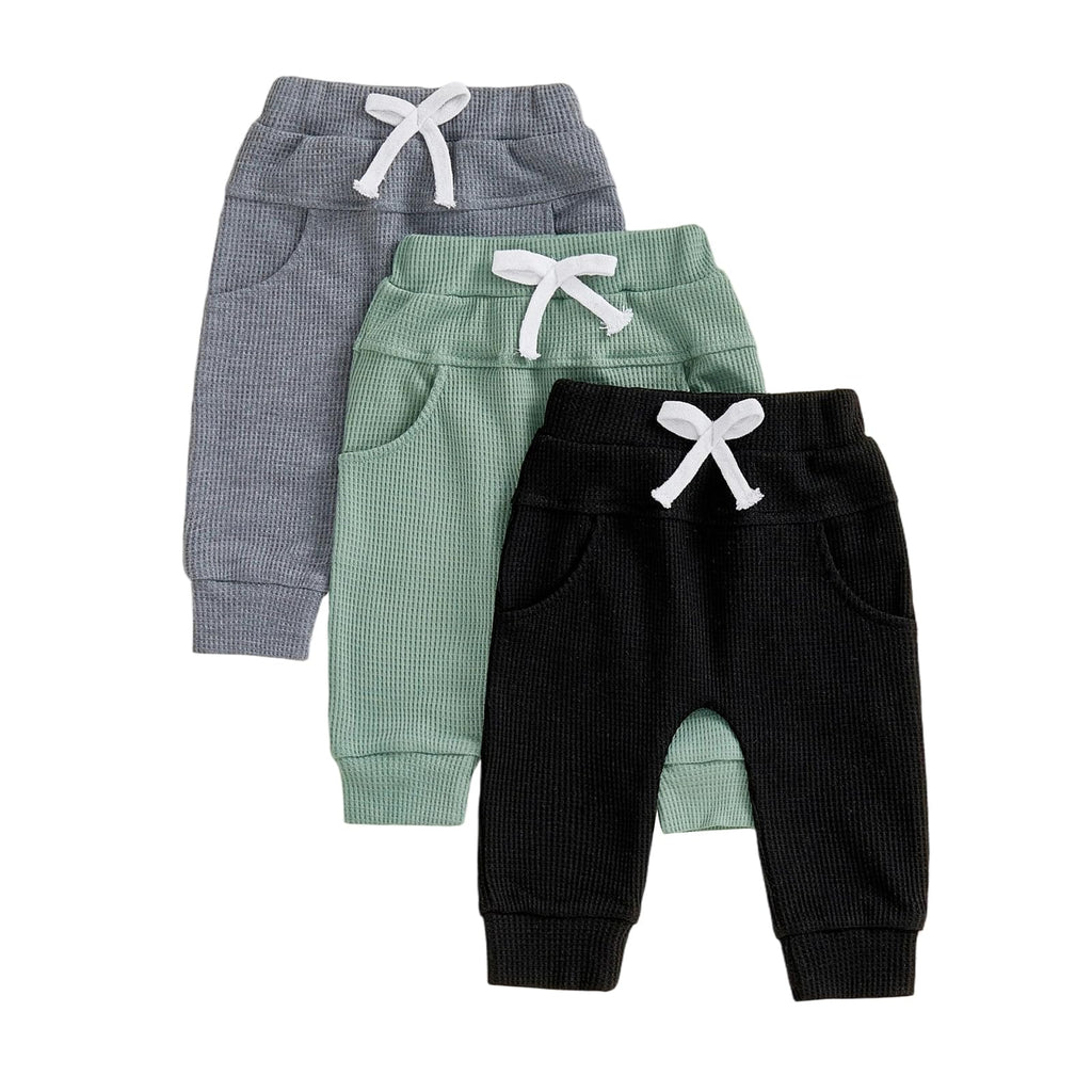 Sejardin Toddler Baby Boy Girl Pants 3 Pack Solid Color Elastic Waist Jogger Sweatpants Newborn Infant Casual Bottoms (Waffle Grey Green Black, 12-18 Months)
