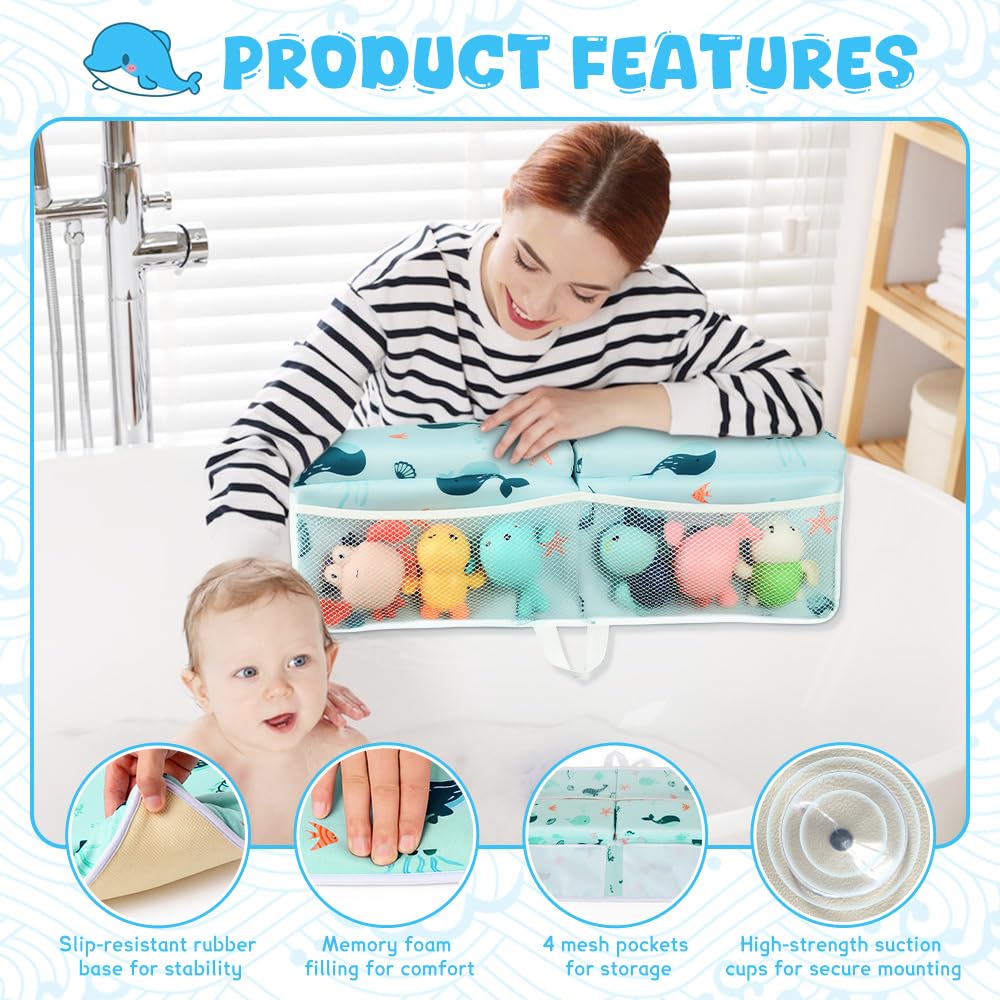 SKEFOLI Baby Bath Kneeler and Elbow Rest Pad Set,1.5" Thick Baby Bath Kneeler Pads with Toys Organizer, Pads to Support The Arm, Essentials, Ideal Kneeling Pad for Bathing（Blue）