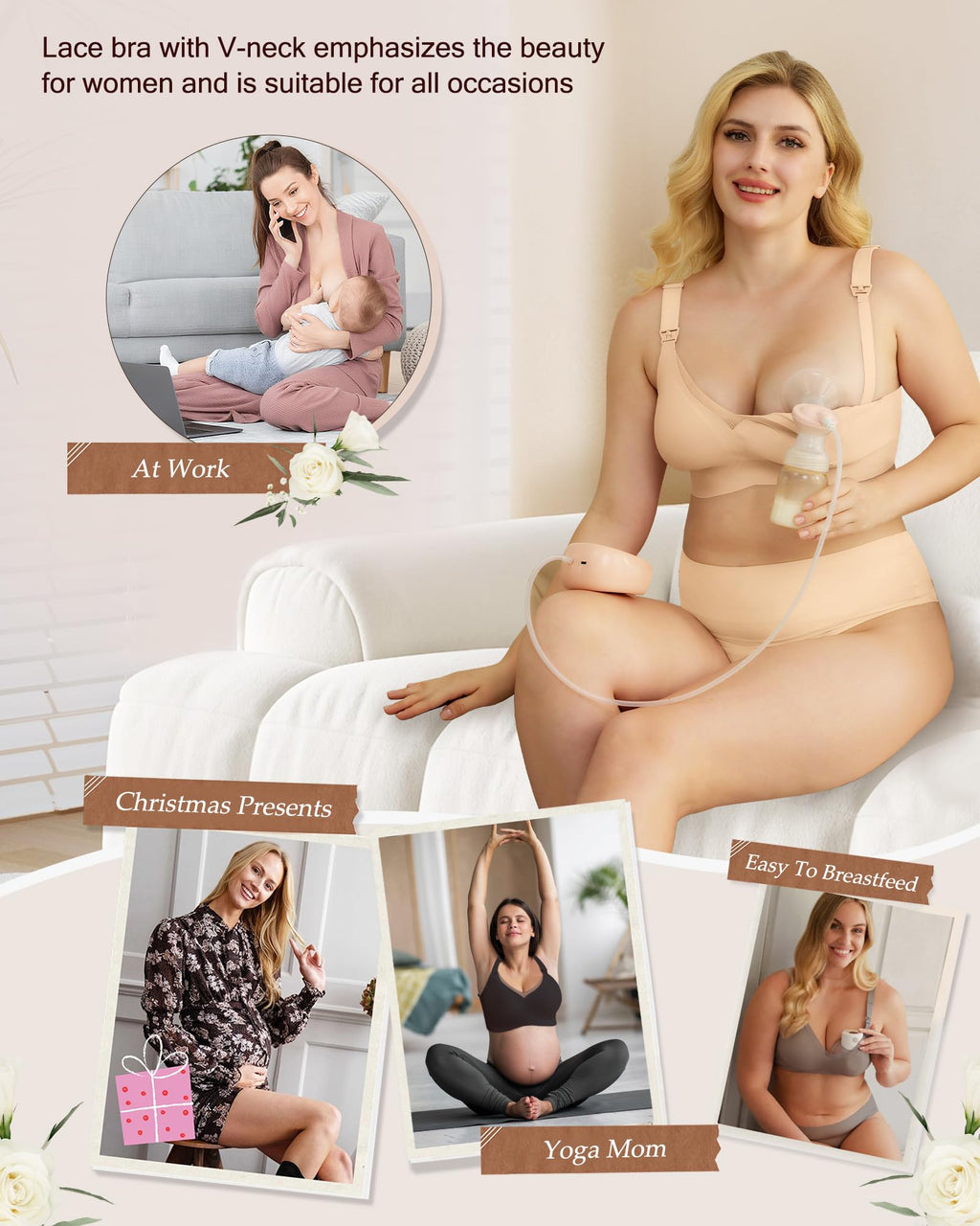 As Fairy Nursing Bras Wireless Maternity Bra with Support Hands-Free Pumping Bra Seamless Bralette Sleep Nursing Tank Top with Lace Pregnancy for Women 34dd 36c 36d 38b Nude Large