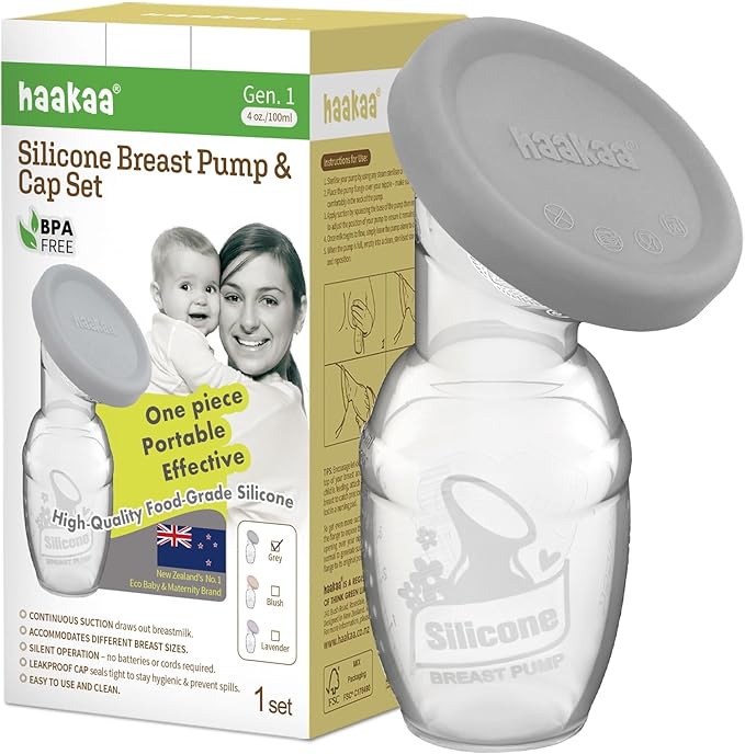 haakaa Manual Breast Pump Breastfeeding Pump with Food Grade Silicone Cap (Grey) 4oz/100ml