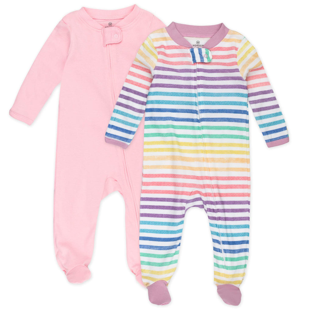 HonestBaby 2-Pack Organic Cotton Footed Pajama Sleep & Play, Rainbow Stripe, 0-3 Months