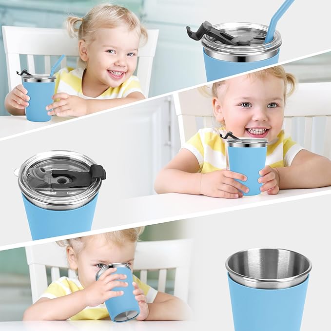 Kids Cups with Straws and Lids Leak Proof, 12oz Sippy Cups for Toddlers 1-3, 2 Pack Spill Proof Cup Stainless Steel Kids Cups with Lids for School, Outdoor (Blue & Pink)