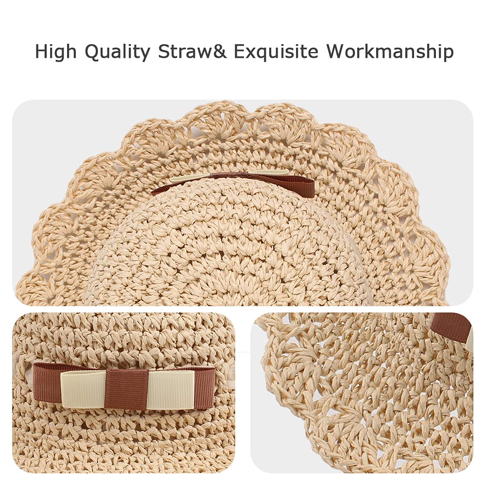 JANGANNSA Baby Girl Straw Hat Outdoor Baby Sun Protection Hats Summer Bowknot Beach Cap for Infant Toddler Girls (Beige Bow, 6-24 Months)