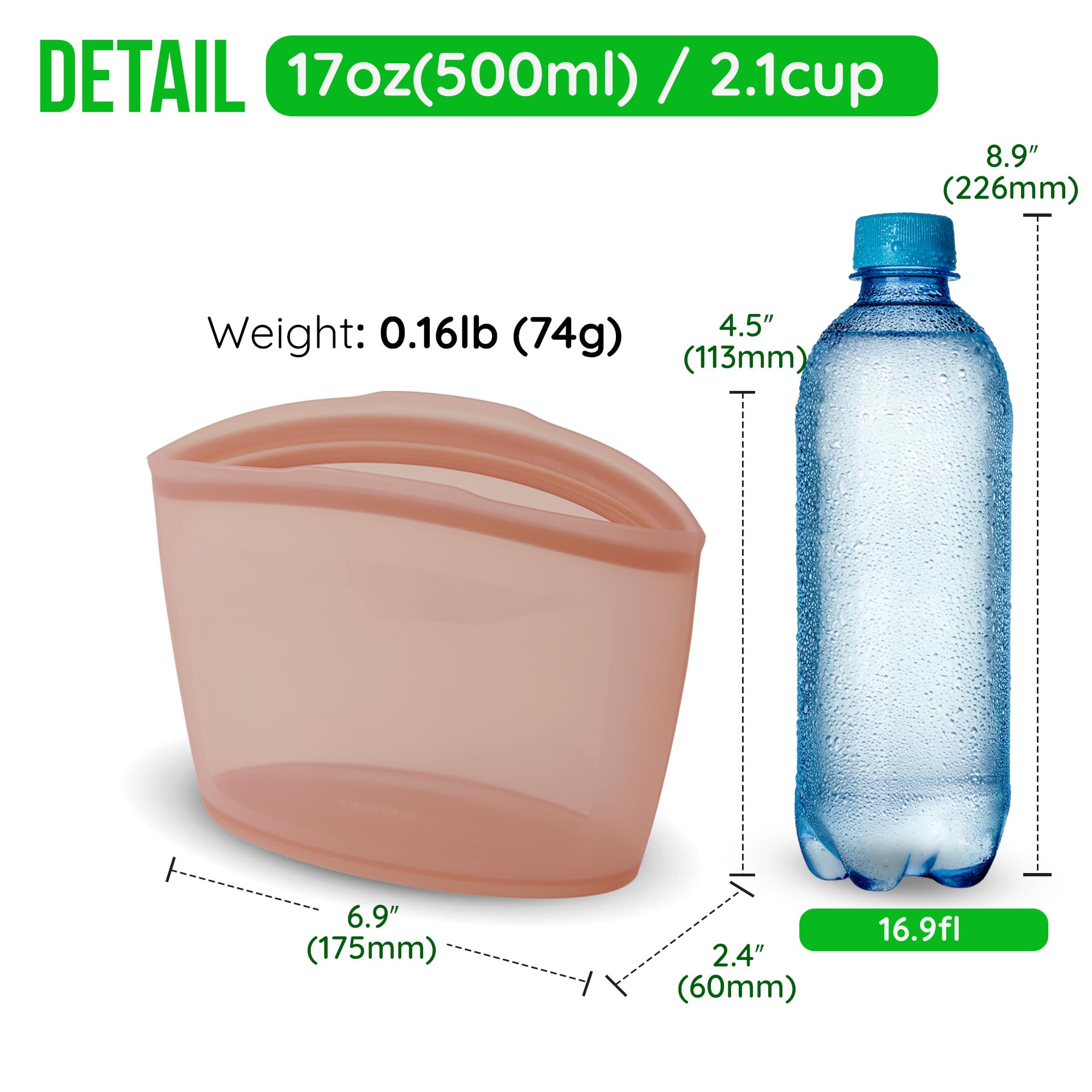 FIRGI Reusable Silicone Food Storage Bag, 2-Cups, Large Container, Made in Korea BPA-Free Platinum Silicone, Triple-Airtight Freezer Bag, Microwave Safe, Sous Vide, Meal Prep, 17oz, Dry Rose