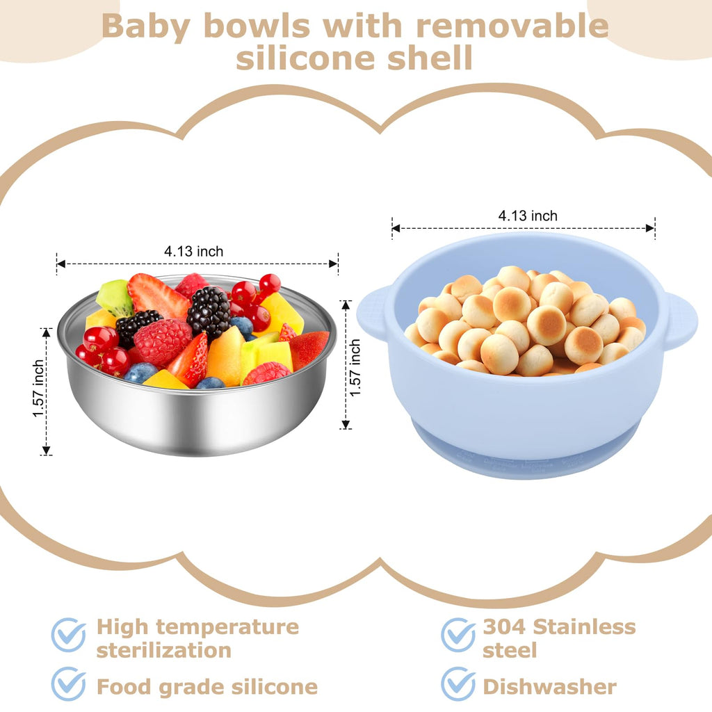 Wesketch 2 Pack Stainless Steel Baby Bowls with Removable Non-Slip Silicone Suction Shell, Anti Scald Food Container for Baby Food Feeding-Skyblue & Cream