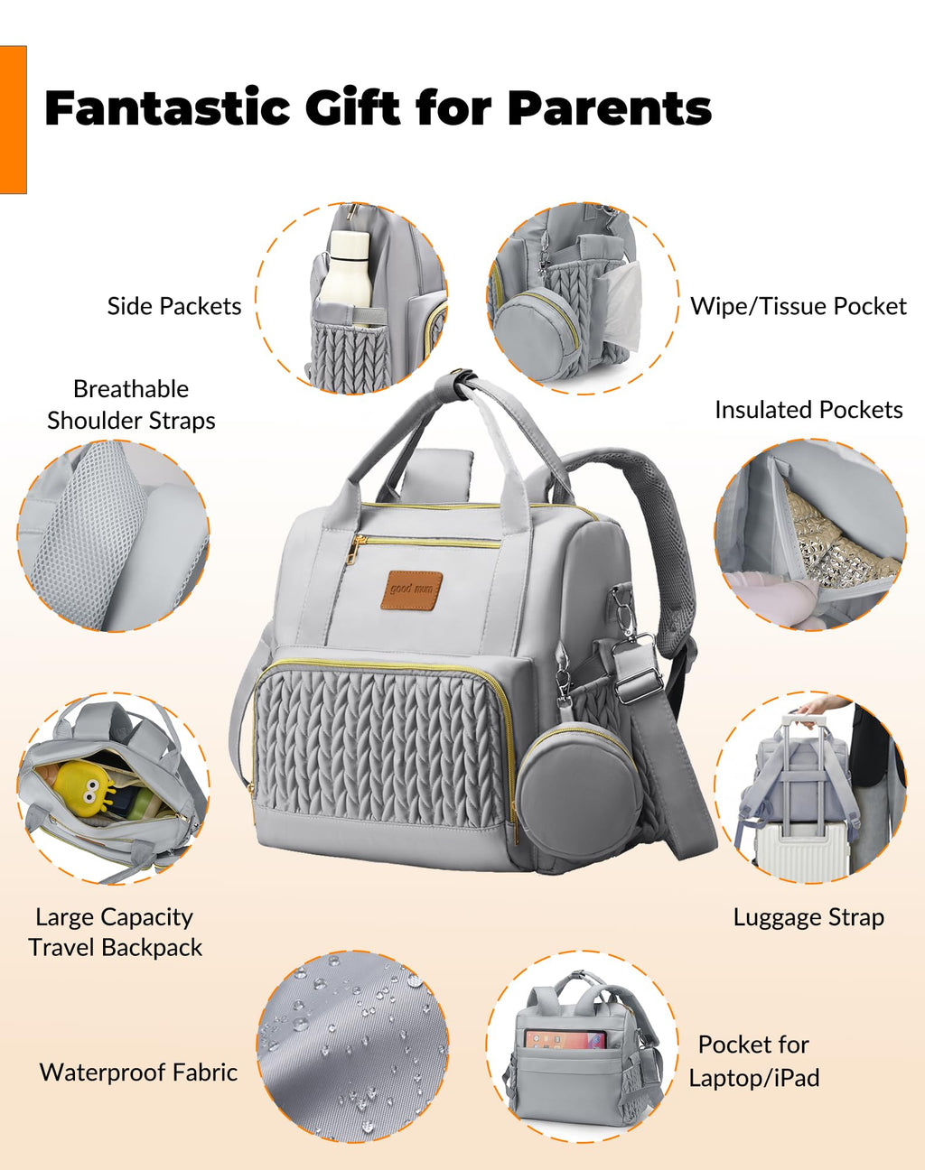 Backpack Diaper Bag,Stylish Waterproof Baby Diaper Bags with Changing Pad,Insulated Pockets,Multi-Function Travel Diaper Backpacks,Newborn Essentials, Grey