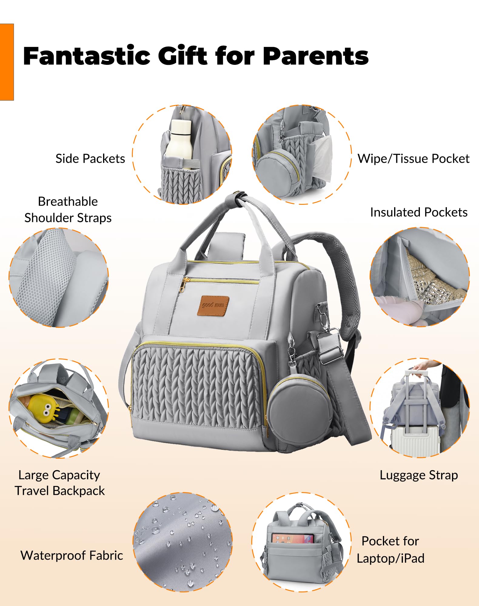 Backpack Diaper Bag,Stylish Waterproof Baby Diaper Bags with Changing Pad,Insulated Pockets,Multi-Function Travel Diaper Backpacks,Newborn Essentials, Grey