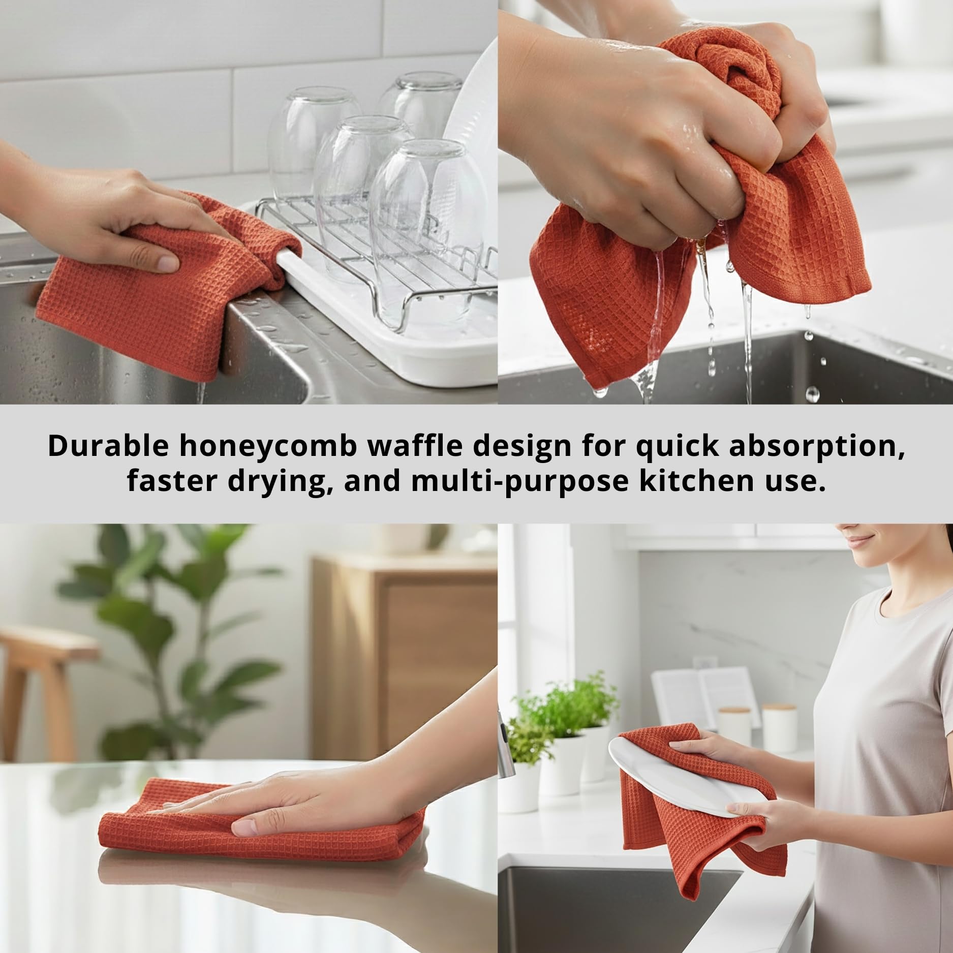 PurpleEssences Rust Waffle Weave Kitchen Towel, 100% Cotton - 15x25 Inches with Hanging Loop, Ultra Soft Absorbent Quick Drying Dish Cloth, Tea and Hand Towels, 6 Pack - Spring Easter Summer - Rust