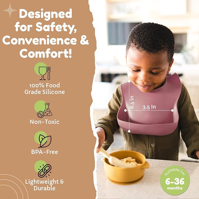 Silicone Bib 2-Pack: Safe, Non-Toxic, Food-Grade. Waterproof, Adjustable Neck Band, Easy-Clean Pouch Catcher.
