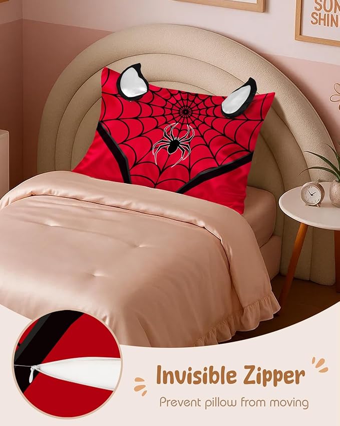 Toddler Pillowcases 13"x18" for Kids - Cute Cartoon Soft Breathable Silk Pillow Cases for Hair and Skin with Hidden Zipper for Boys Fun Kawaii Design for Bedding, Red