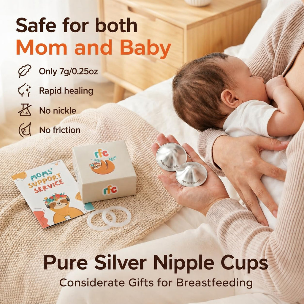 RFC Silver Nursing Cups - 999 Silver Nursing Pad - Nipple Shield Kit for Nursing Newborn - Breastfeeding Essentials - Nipple Cover Breastfeeding - with Silicone Ring & Cleaning Scotch & Case (XL)