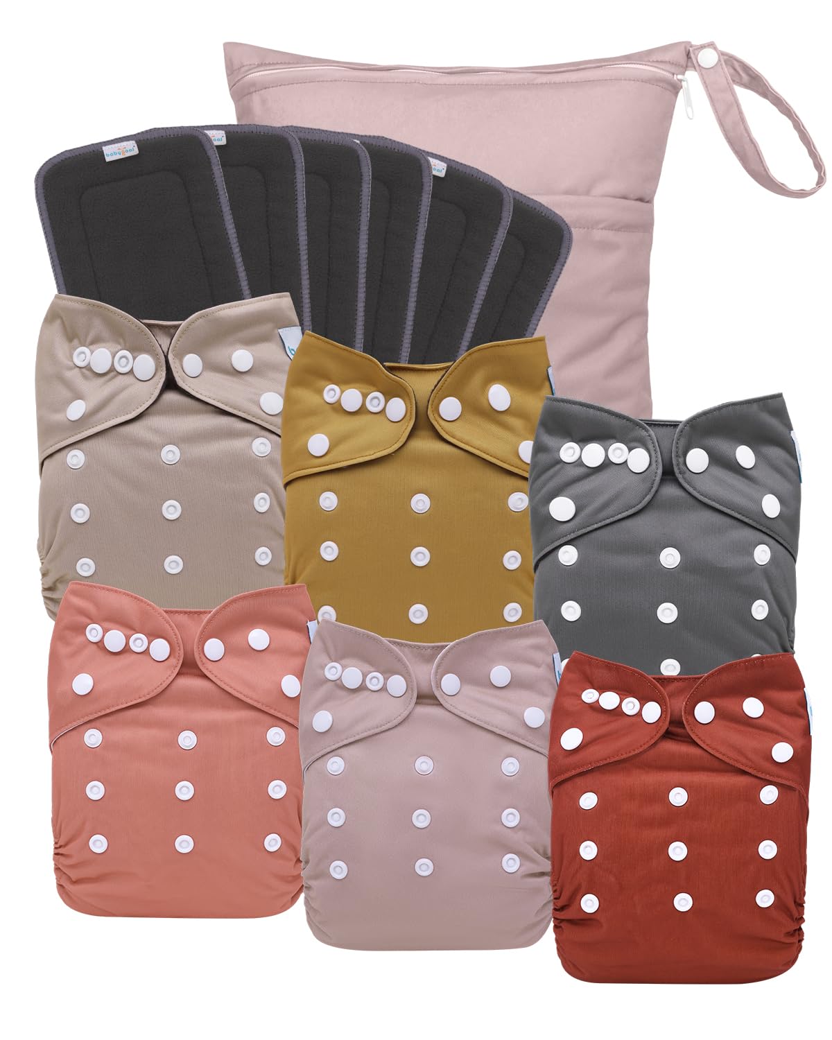 babygoal Reusable Cloth Diapers 6 Pack with Charcoal Inserts & Wet Bag