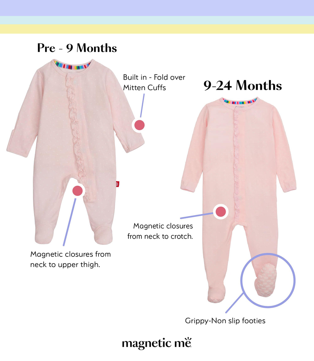 Magnetic Me Girls Modal Magnetic Baby Footie Pajamas | Silky Soft Modal Fabric | Pin Dot Pink Ruffle | 6-9 Months