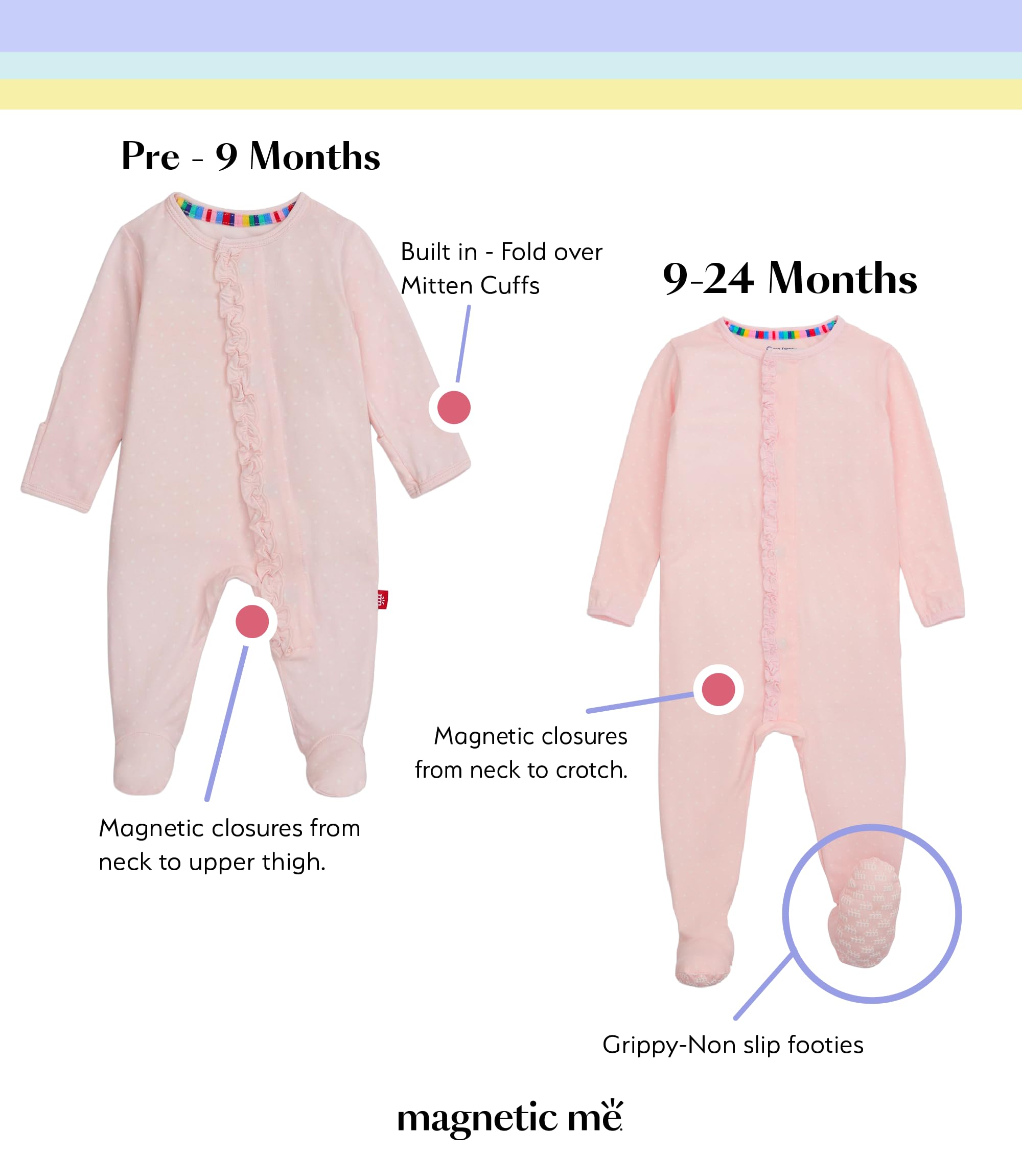 Magnetic Me Girls Modal Magnetic Baby Footie Pajamas | Silky Soft Modal Fabric | Pin Dot Pink Ruffle | 6-9 Months