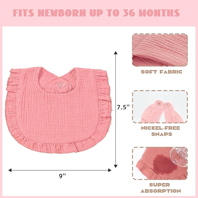 Baby Muslin Bibs, Bandana Drool Bib for Girls, Adjustable 100% Cotton Soft Baby Bibs for Drooling and Teething Organic Solid Colors Lap-Shoulder