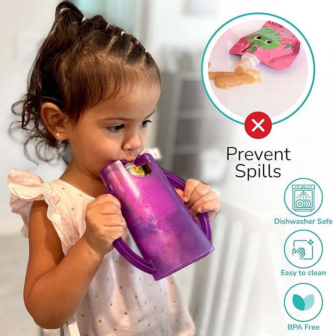Flipping Holder Squeeze Proof Food Pouch Holder for Toddlers, Babies, Kids, Mess Free No Squeeze Juice Box Drink Holder with Easy Grip Handles and Lid - Made in USA (Blue 3 Pack)