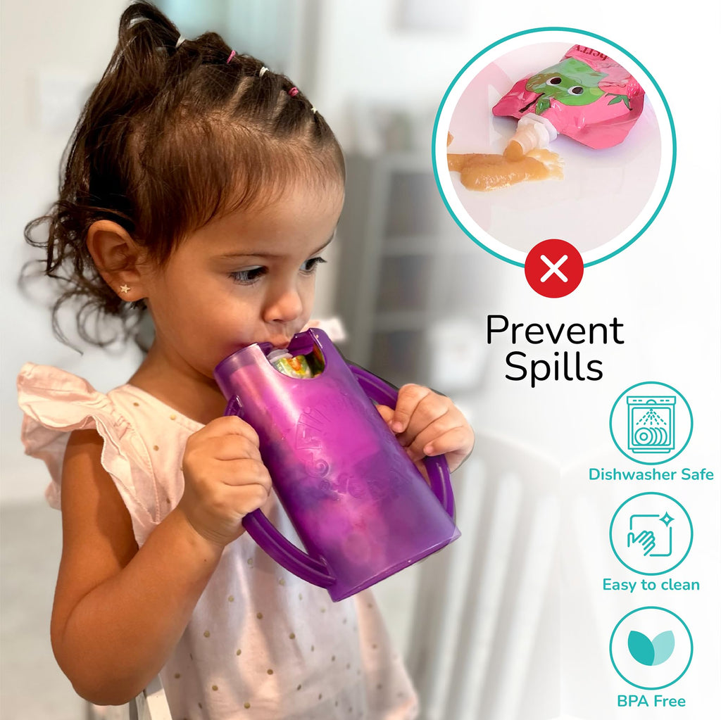 Flipping Holder Squeeze Proof Food Pouch Holder for Toddlers, Babies, Kids, Mess Free No Squeeze Juice Box Drink and Applesauce Snack Holder with Easy Grip Handles and Lid