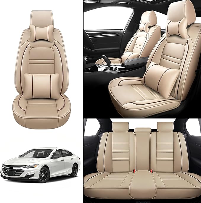 Car Seat Covers for Chevy Malibu 2004-2025 | 5-Seats Seat Covers, Waterproof Seat Protectors, Automotive Seat Covers (Full Set with Pillow,Beige)
