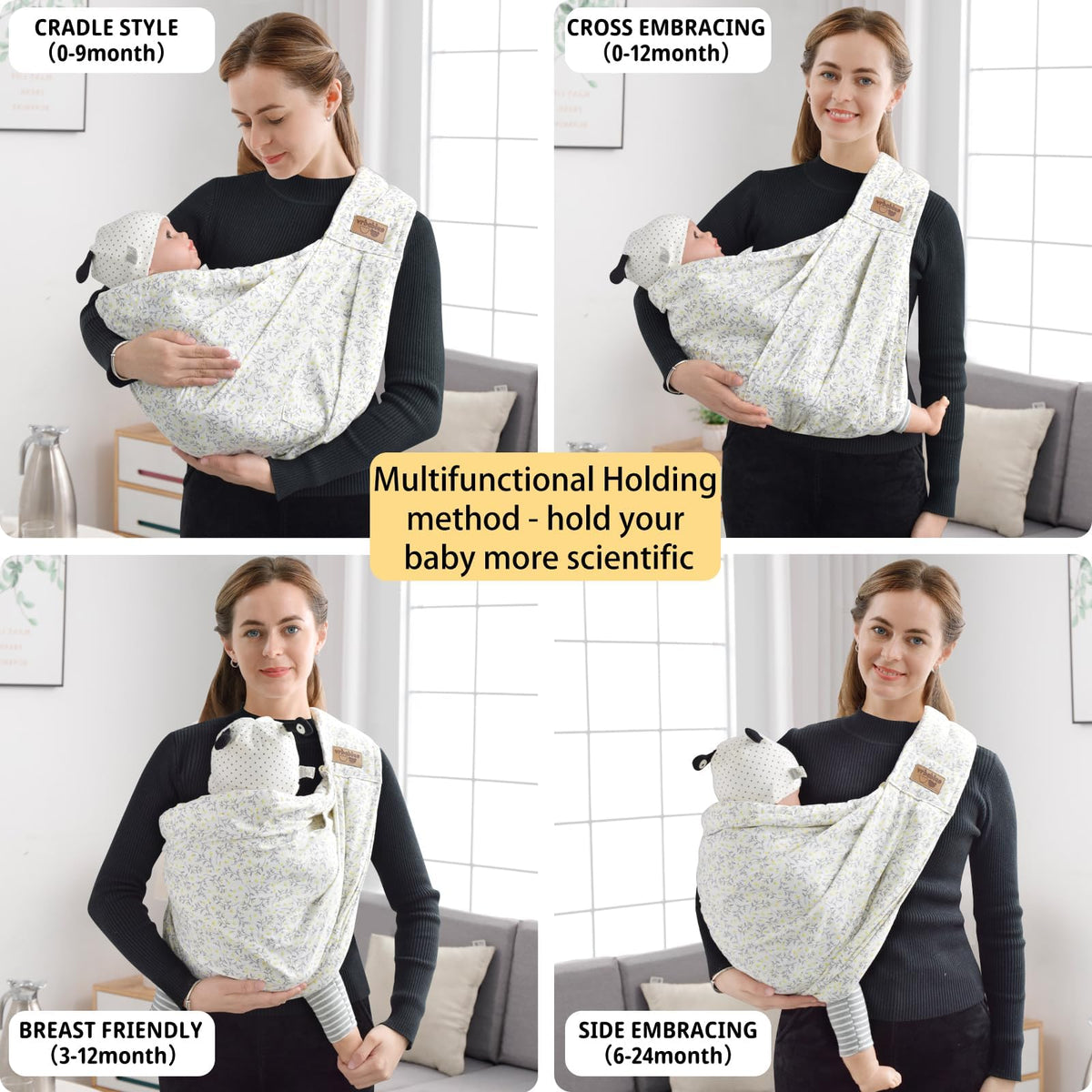 vrbabies Baby Sling Carrier Newborn, Adjustable Easy Wearing Baby Nursing Warp Sling, New Mom Dad Soft Cotton Baby Front Holder Carrier for Infant Toddler Life Travel Essential Gifts (Yellow Flower)