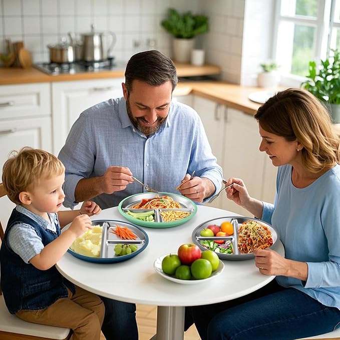 BUSOHA 3 Pack Stainless Steel Kids Plate Set - 9” Divided Toddler Baby Plates with Silicone Sleeves with Suction 2-in-1 Anti Breakage Metal Toddler Bowls Microwave Dishwasher Safe