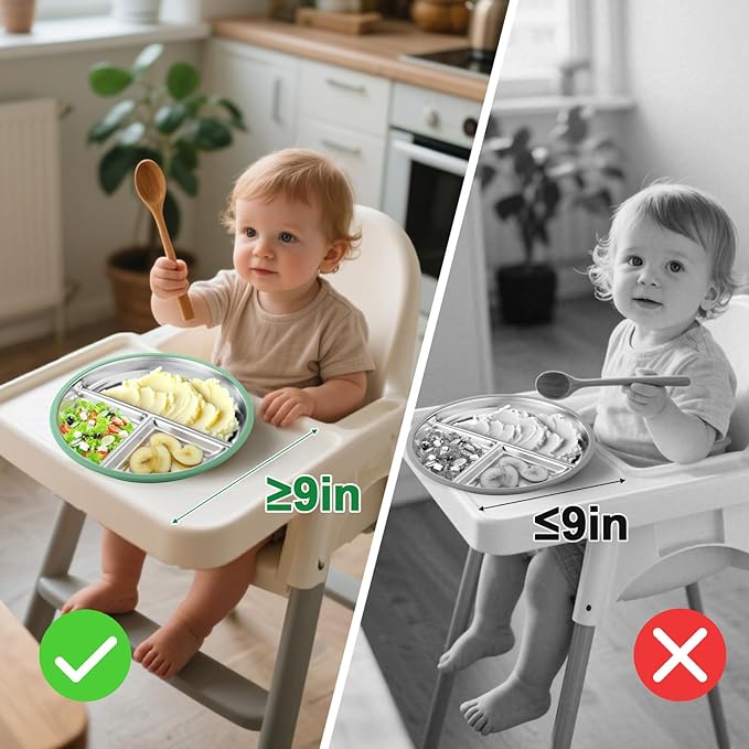 BUSOHA 2 Pack Stainless Steel Kids Plate with Suction - 9” Divided Toddler Baby Plates with Silicone Sleeves 2-in-1 Anti Breakage Metal Toddler Bowls Microwave Dishwasher Safe