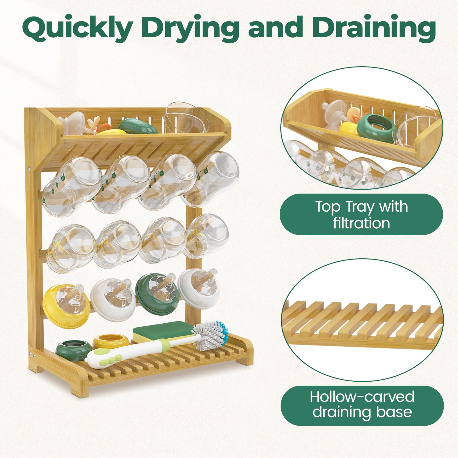 EsLuker.ly Baby Bottle Drying Rack Bamboo Vertical Dryer Holder