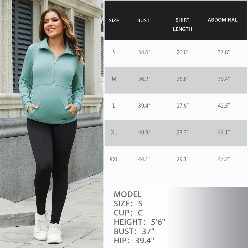 GINKANA Maternity Tops Comfortable Long Sleeve Lightweight Zip-up Shirts with Kanga Pocket,Sage Green,L