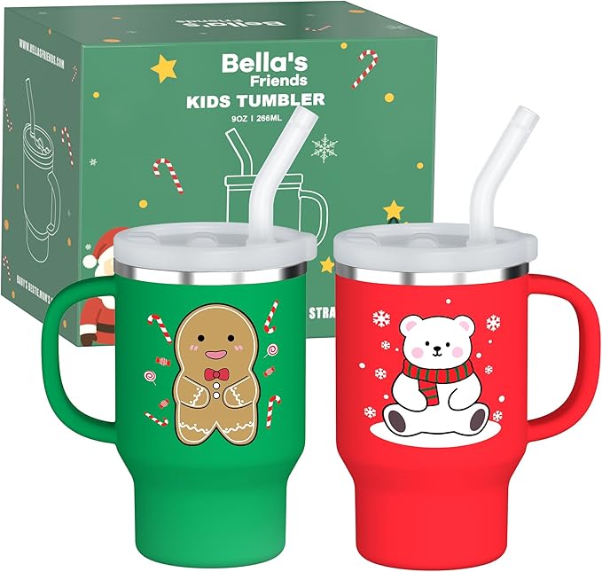 Bella's Friends Christmas Mini Tumbler- 9 0z Toddler Sippy Cup, Flexible Straw, Stainless Interior & Silicone Body, Christmas Gift for 1-3 Years Old Girls & Boys, Gingerbread Man & Polar Bear (2 Pack)