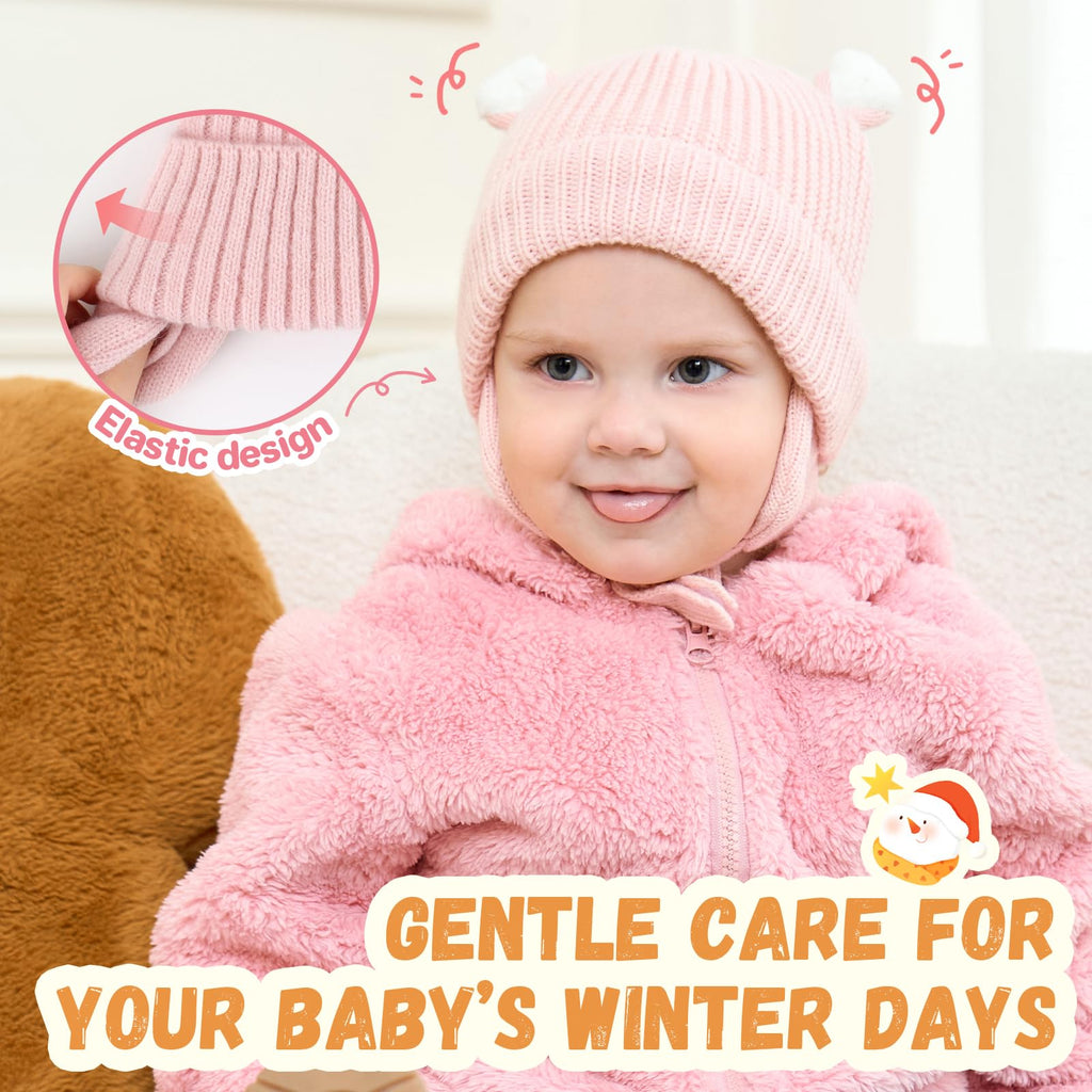 Duoyeree Fleece Lined Baby Beanie, Earflap Adjustable Chin Strap Hat 0-2T
