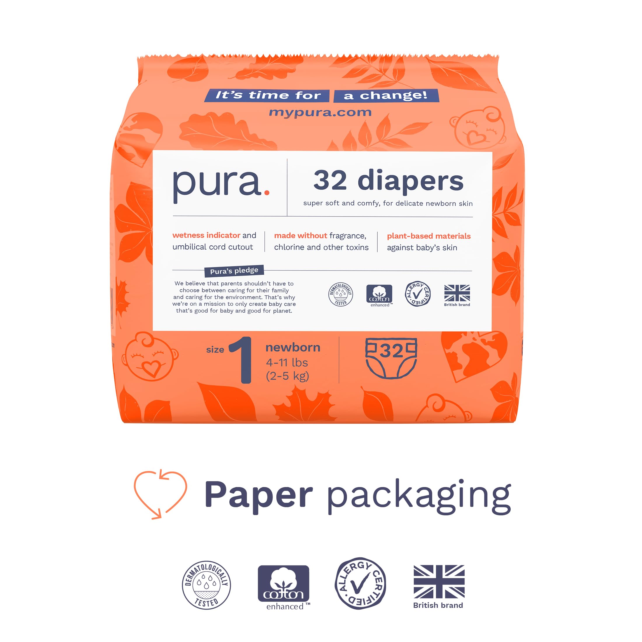 Pura Hypoallergenic Diapers, Size 1 (4-11 lbs), Monthly Pack, Totally Chlorine Free, Wetness Indicator, Suitable for Sensitive Skin, Soft Cotton Comfort, Overnight, 6 Packs of 32 (192 Baby Diapers)