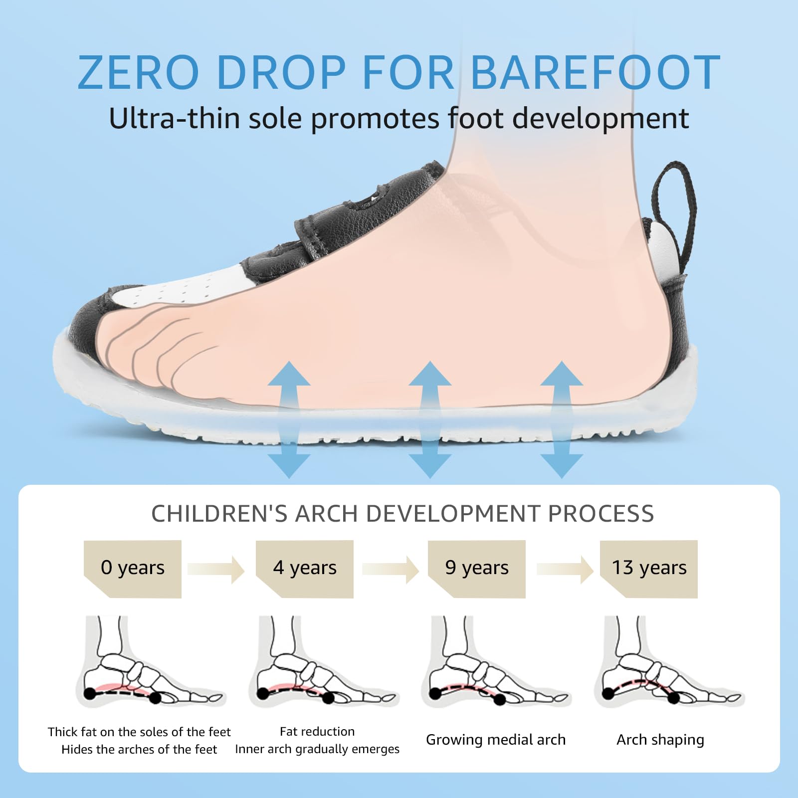 STQ KIDS Toddler Wide Toe Box Barefoot Shoes Zero Drop Black White Size 5