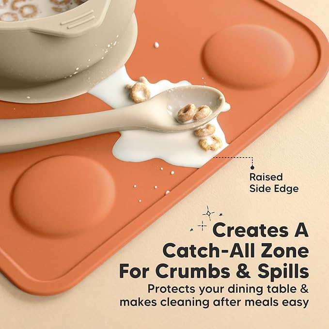 KeaBabies 2-Pack Silicone Placemats for Toddlers - 12x9 Non Slip Suction Baby Silicone Placemat for Kids Eating, Easy to Clean, Busy Travel Baby Mat for Dining Table, Food Grade/BPA-Free (Terracotta)