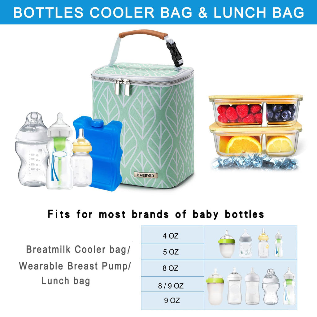 BABEYER Breast Milk Cooler Bag with Ice Pack Fits 4 Baby Bottles Up to 9 Ounce, Baby Bottle Bag for Nursing Mom Daycare-Green