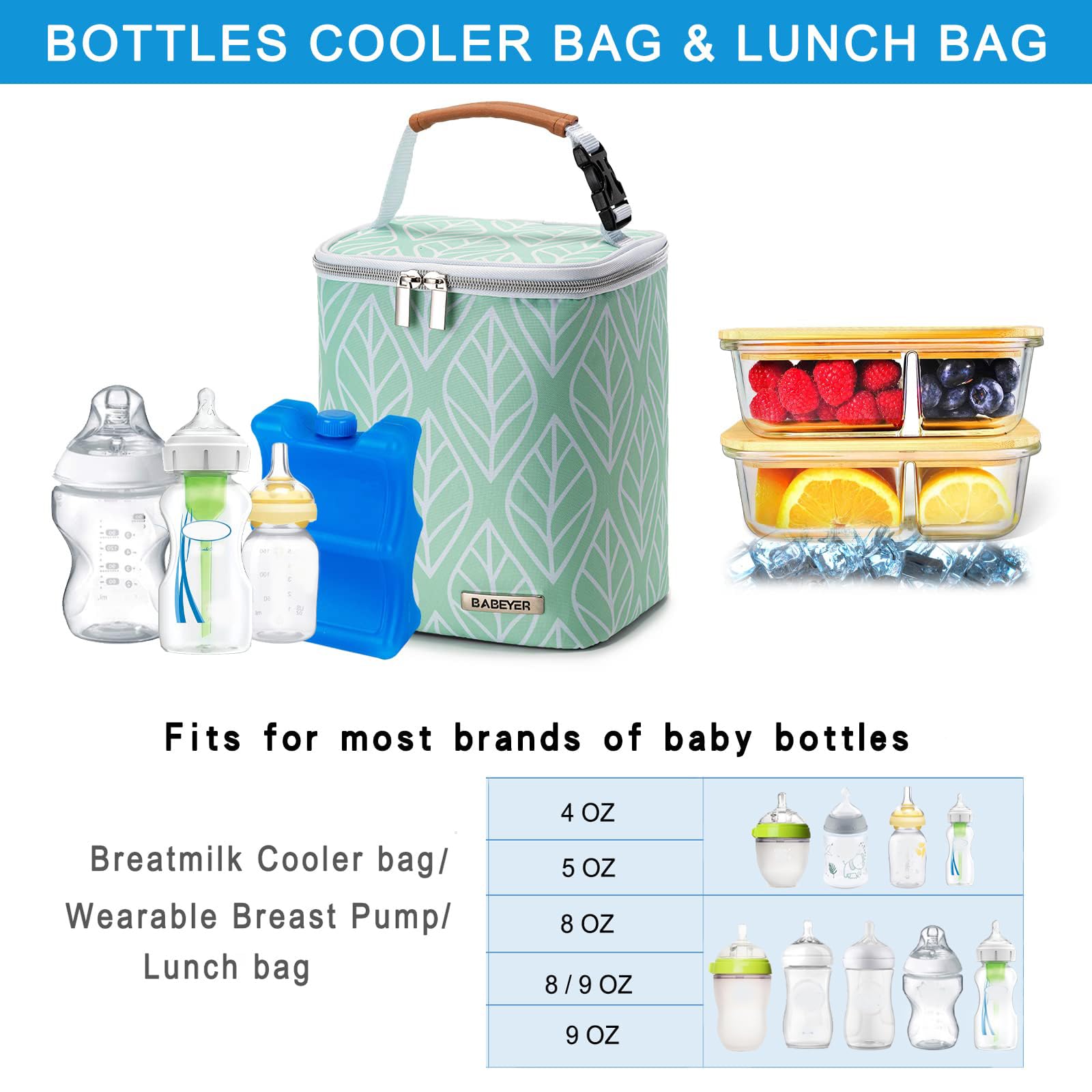 BABEYER Breast Milk Cooler Bag with Ice Pack Fits 4 Baby Bottles Up to 9 Ounce, Baby Bottle Bag for Nursing Mom Daycare-Green