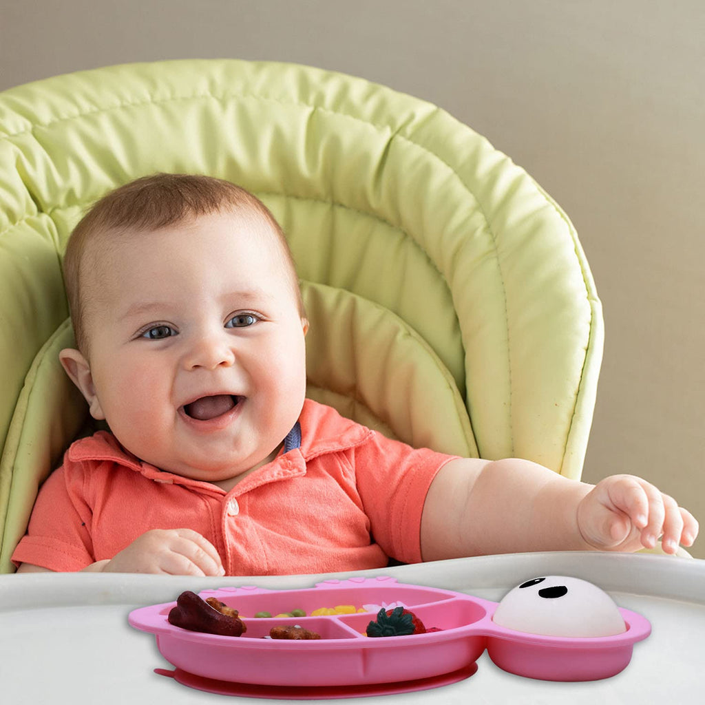 NICINGU Baby Feeding Utensils Sets with Spoon and Forks 6 Pcs/Set Divided Silicone Suction Plates for Toddler Kids,Baby Feeding Dish BPA Free Microwave Dishwasher Safe-Green Pink Tortoise Sets