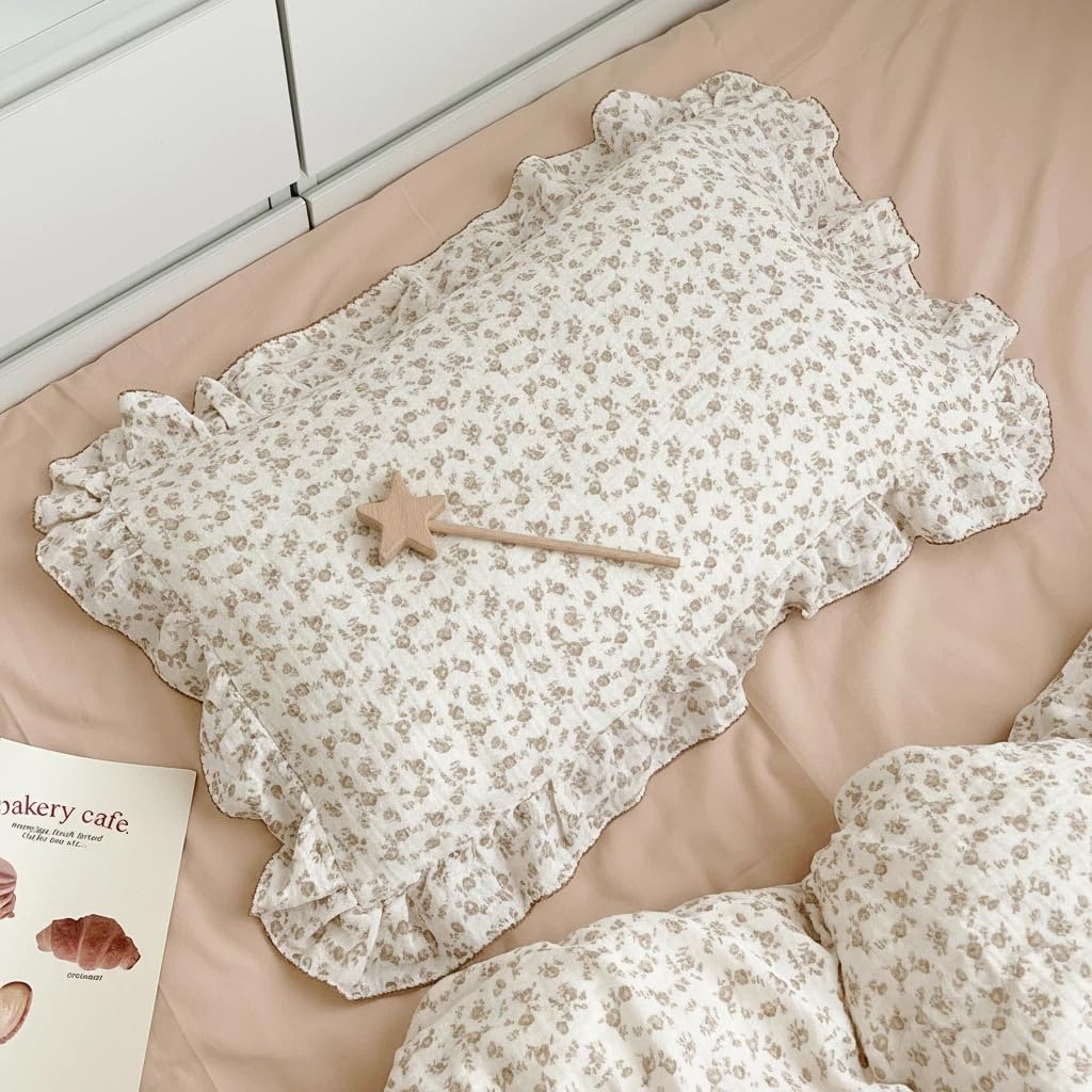 BuLuTu Cotton Muslin Kids Toddler Pillowcase with Cute Camellia Flowers Super Soft Travel Pillow Nursery Pillowcase for Boys,Girls,Bedding Decor Machine Washable, Durable Pillowcase,1 Piece,14"x20"