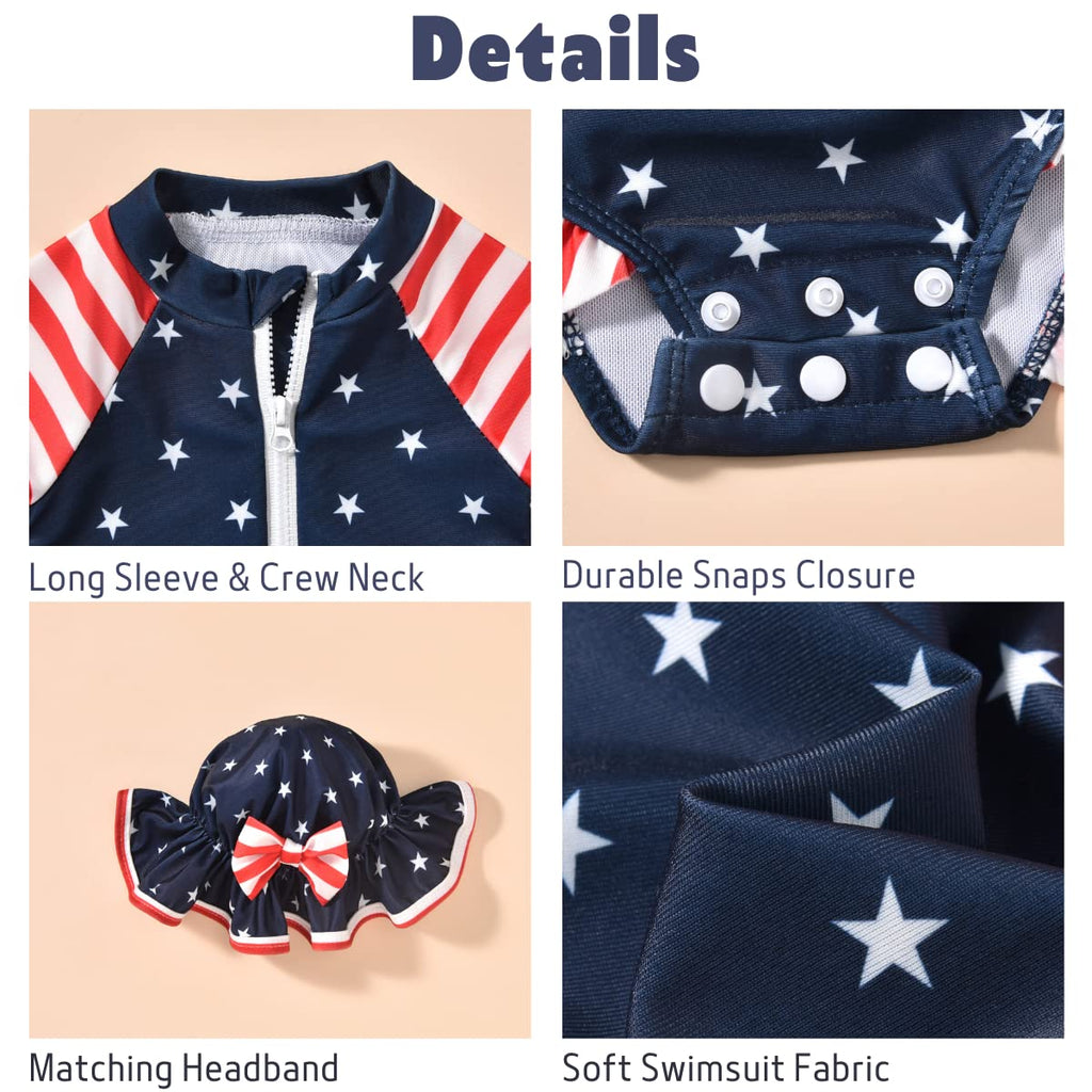 Aalizzwell Newborn Infant Baby Girls One Piece Long Sleeve 4th of July Swimsuit American Flag Bathing Suit Zip Up Independence Day Swimwear Beach Wear 0-3 Months